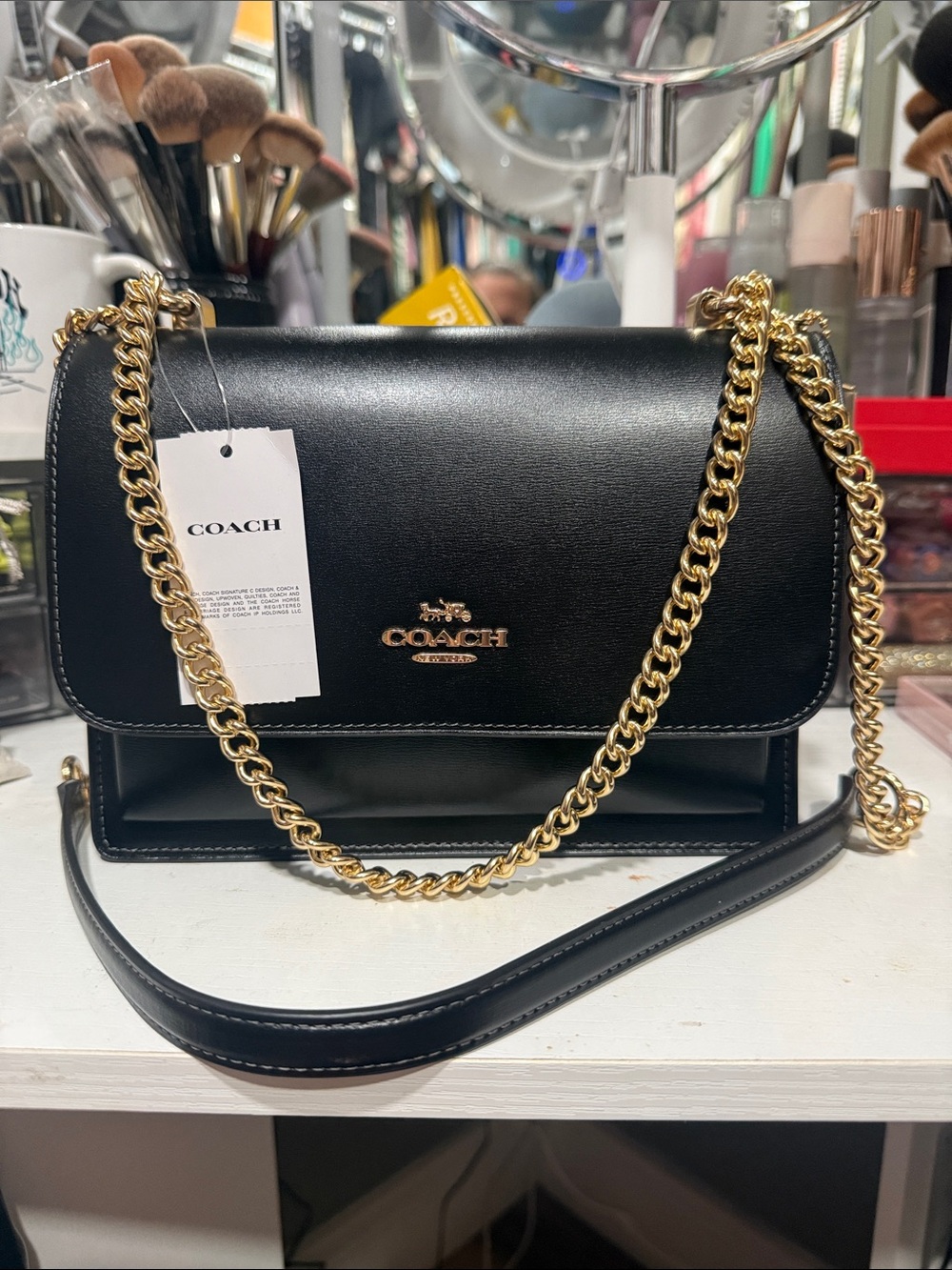 NWT Coach Klare Black Leather Crossbody with Gold Chain Strap